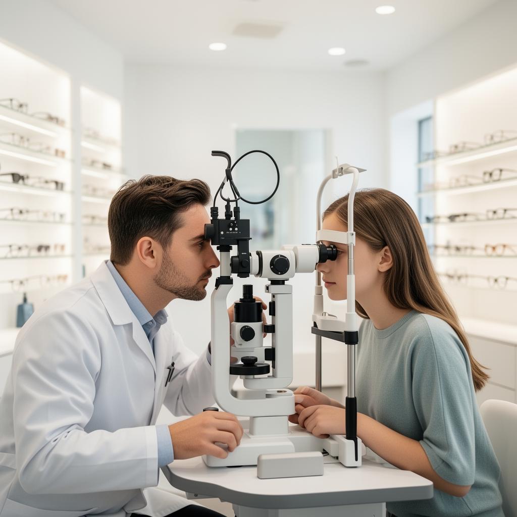 Optiker undersöker patient med spaltlampa hos Bålsta Optik & EyeClinic